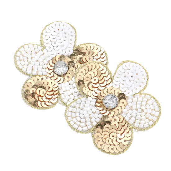 Felt Back Stone Embellished Seed Beaded Flower Earrings - Gold - Earrings
