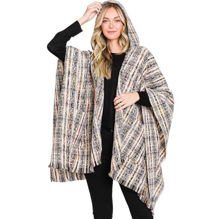 Black Hooded Plaid Check Patterned Front Pockets Fringe Ruana Poncho, this soft plaid check patterned front pockets hoodie cape hits a ‘fashion home run’- on the outside and the same inside for super warmth and comfort. You can wear it on any casual outfit! Perfect Gift for wife, mom, birthday, holiday, anniversary.
