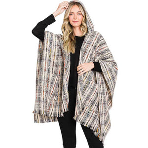 Ivory Hooded Plaid Check Patterned Front Pockets Fringe Ruana Poncho, this soft plaid check patterned front pockets hoodie cape hits a ‘fashion home run’- on the outside and the same inside for super warmth and comfort. You can wear it on any casual outfit! Perfect Gift for wife, mom, birthday, holiday, anniversary.