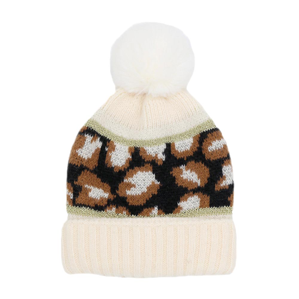 Ivory Leopard Patterned Pom Pom Beanie Hat, wear this beautiful beanie hat with any ensemble for the perfect finish before running out the door into the cool air. An awesome winter gift accessory and the perfect gift item for Birthdays, Stocking stuffers, Secret Santa, holidays, anniversaries, Valentine's Day, etc.