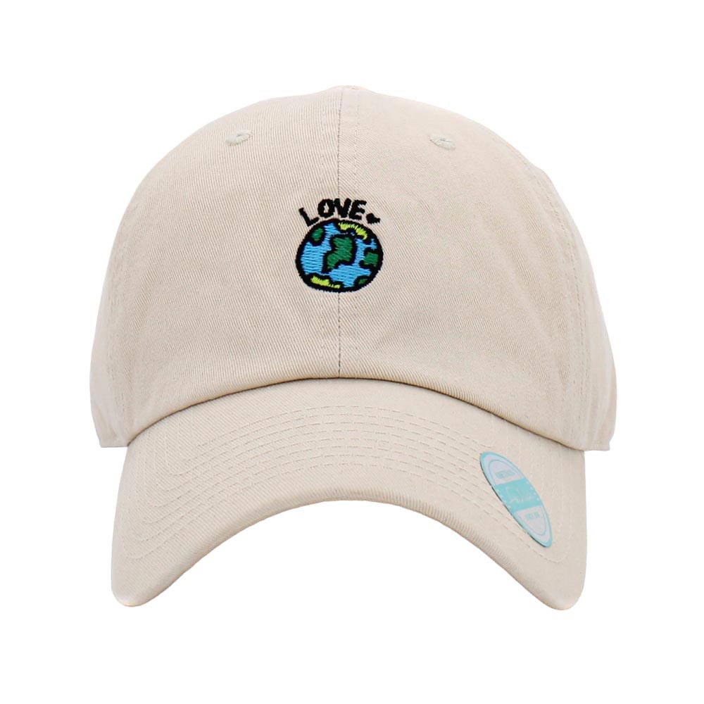 Ivory Love Earth Embroidered Baseball Cap, Made with love for the earth, this embroidered baseball cap is a stylish and sustainable choice for any fashion lover. Crafted with organic cotton, each cap helps to reduce environmental impact while adding a bold accessory to any outfit. Show your love for the planet Earth.