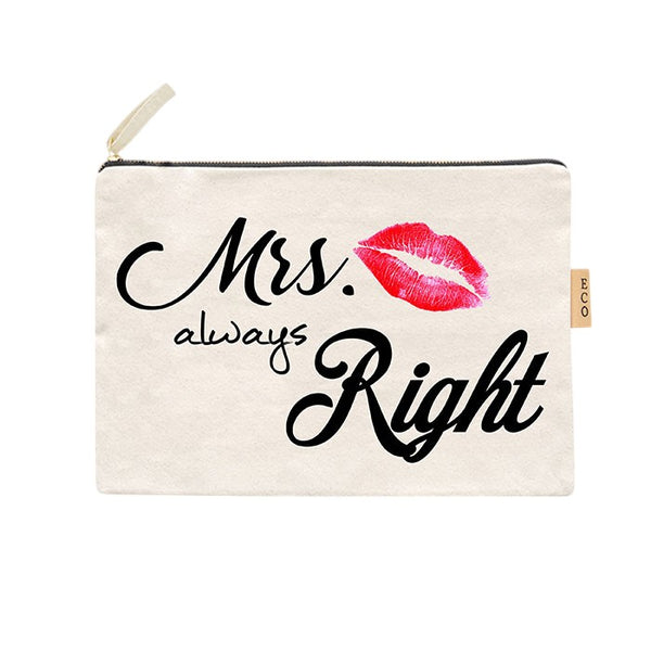 Ivory Mrs Always Right Message Lips Printed Cotton Canvas Eco Pouch Bag. Made with 100% eco-friendly materials, this bag features a playful "Mrs Always Right" message and lips print. Perfect for carrying cosmetics, toiletries, or small accessories, this pouch is a must-have for fashion-forward and environmentally-conscious individuals.