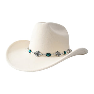 Ivory Oval Stone Antique Metal Band Solid Cowboy Fedora Panama Hat, Crafted with a solid construction featuring an oval stone design and a unique antique metal band, it's designed to be durable and fashionable. An excellent gift choice for your fashion-loving family members, friends, young adults, travelers, or yourself!