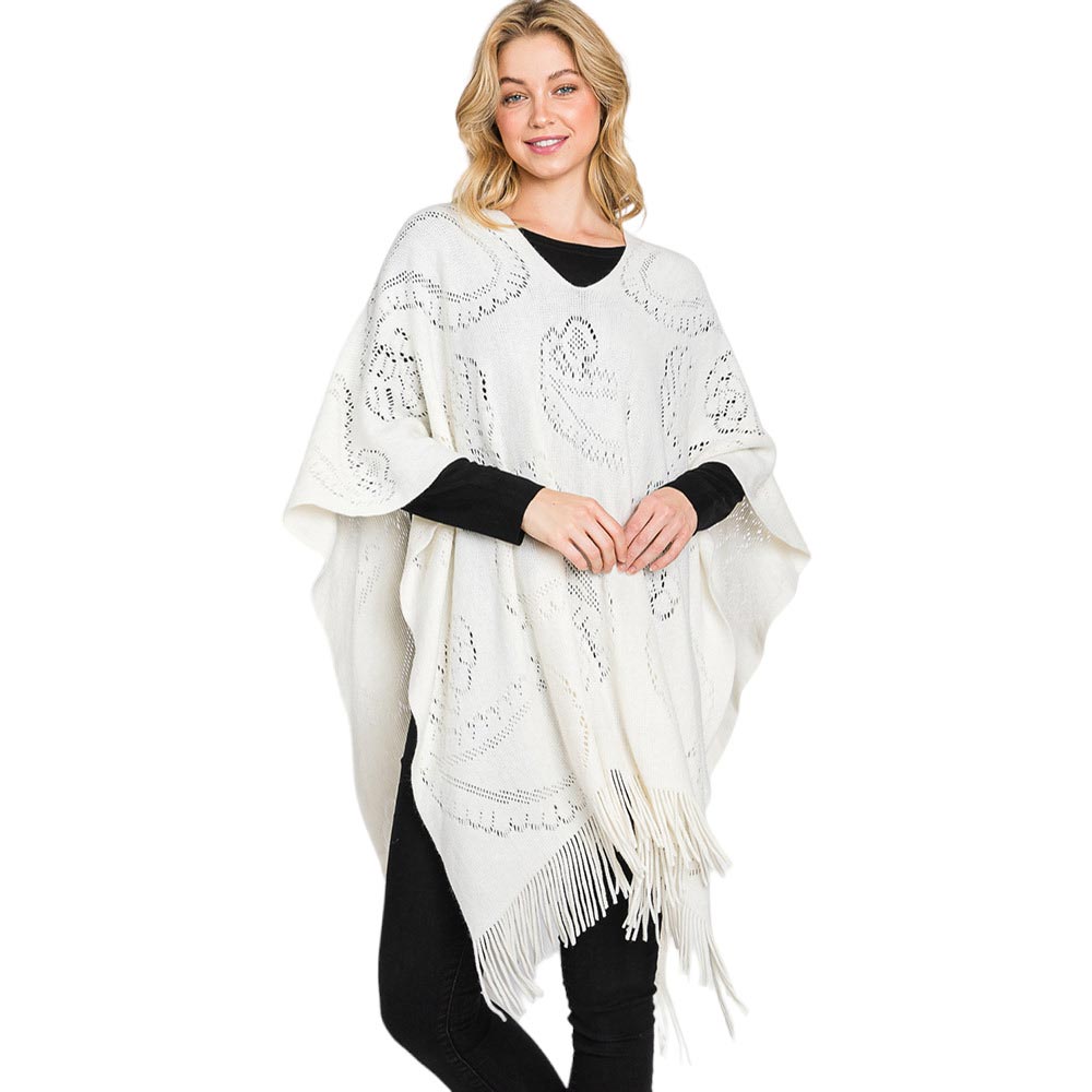 Ivory Paisley Patterned Fringe Poncho, with the latest trend in ladies' outfit cover-up! the high-quality knit fringe tassel poncho is soft, comfortable, and warm but lightweight. It's perfect for your daily, casual, party, evening, vacation, and other special events outfits. A fantastic gift for your friends or family.