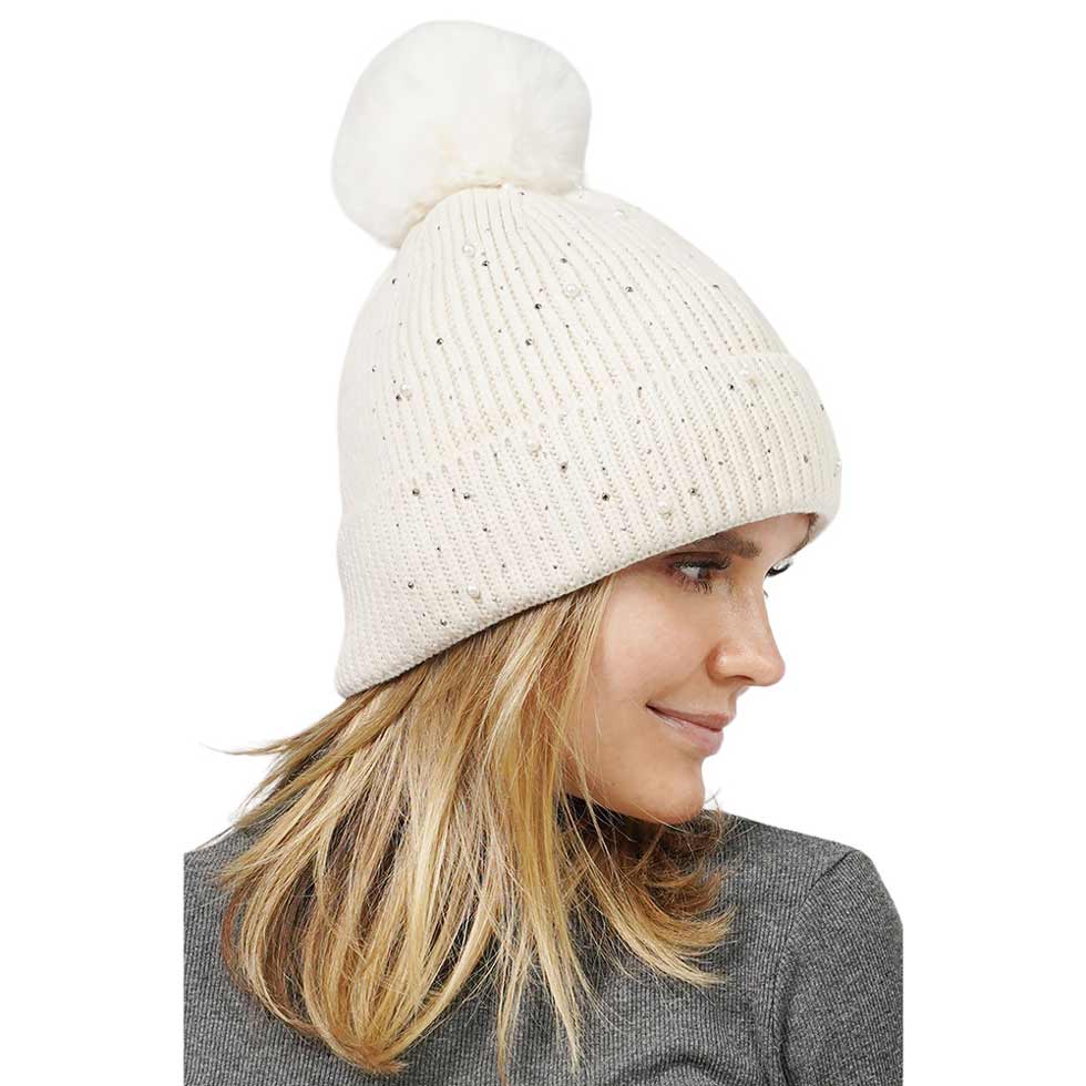 Ivory Pearl Embellished Lining Knit Pom Pom Beanie Hat, wear this beautiful beanie hat with any ensemble for the perfect finish before running out the door into the cool air. An awesome winter gift accessory and the perfect gift item for Birthdays, Christmas, Stocking stuffers, holidays, anniversaries, Valentine's Day, etc.
