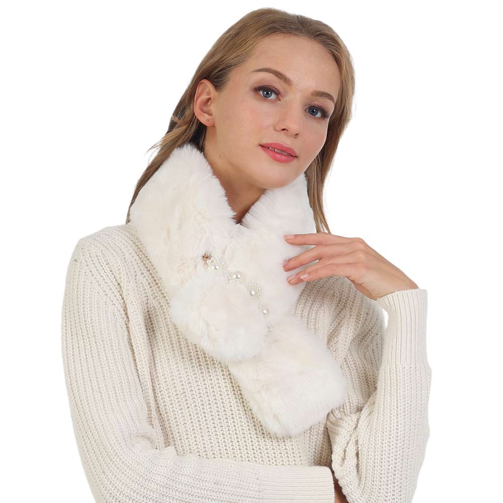 Ivory Pearl Flower Faux Fur Pull Through Scarf, is delicate, warm, on-trend & fabulous, and a luxe addition to any cold-weather ensemble. Great for daily wear in the cold winter to protect you against the chill, the classic style scarf & amps up the glamour with a plush material. Perfect gift for birthdays, or any occasion.