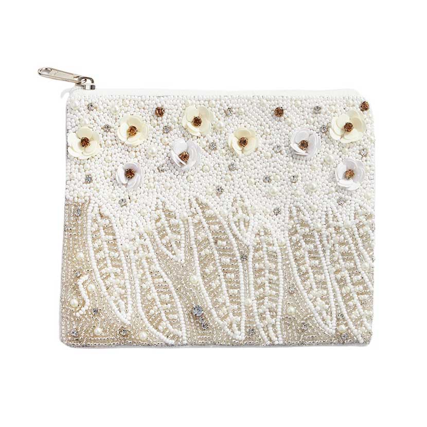 Pearl Sequin Seed Beaded Flower Leaf Mini Pouch Bag, is a stylish and unique accessory. Crafted with delicate pearl and sequin beading, it features a beautiful flower and leaf design. The mini pouch size makes it perfect for storing small items while on the go. A must have accessory for any fashion lover!