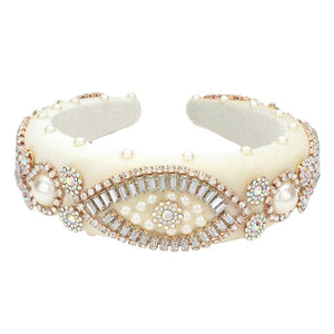 Ivory Pearl Stone Embellished Evil Eye Accented Padded Headband, creates a natural & beautiful look while perfectly matching your color with the easy-to-use evil eye headband. Perfect for everyday wear, special occasions, outdoor festivals, and more. Awesome gift idea for your loved one or yourself.
