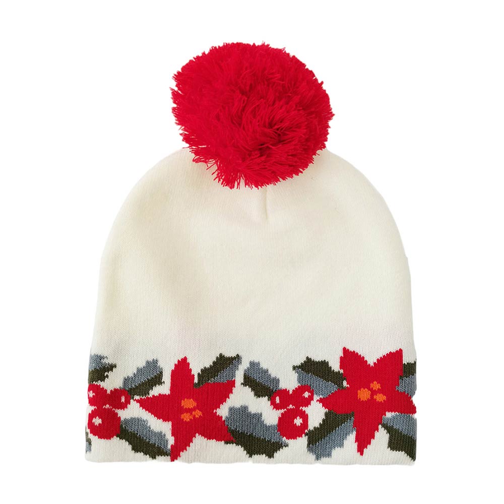 Ivory Poinsettia Flower Pom Pom Beanie Hat, is the perfect winter accessory! Crafted with a unique poinsettia flower pattern. This hat will keep you comfortable and stylish in the colder months. Get ready to look fashionable and stay warm in this. Indefectible gift item on Christmas days for your loved ones or to yourself.