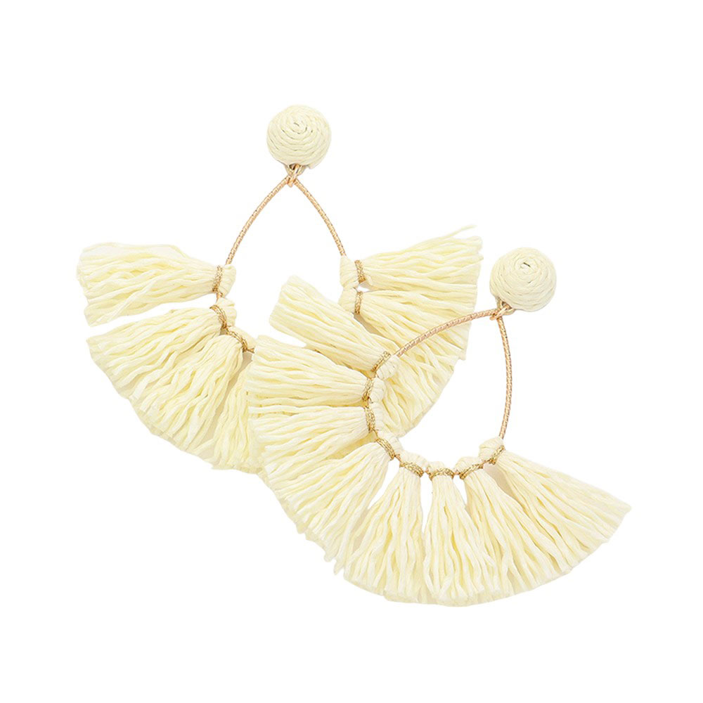 Ivory Raffia Fringe Fan Dangle Earrings, Expertly crafted with delicate Raffia Fringe, these earrings add a touch of elegance to any outfit. The fan dangle design creates a unique and eye-catching look, while the lightweight material ensures comfortable wear all day long. Perfect for any occasion.