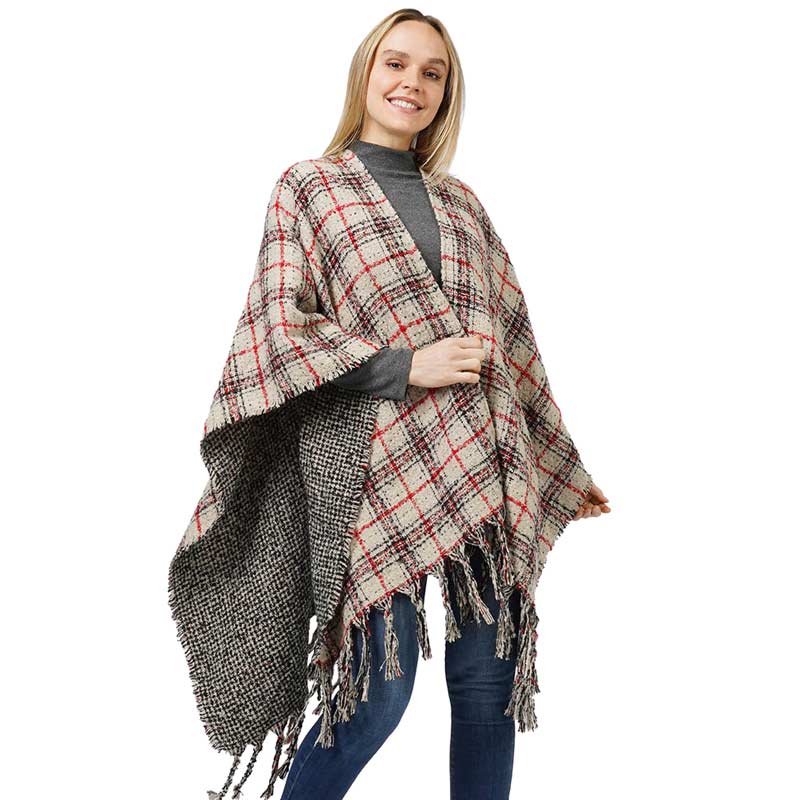 Ivory Reversible Plaid Check Patterned Cape Poncho, With the latest trend in ladies' outfit cover-up! the high-quality knit poncho is soft, comfortable, and warm but lightweight. It's perfect for your daily, casual, party, evening, vacation, and other special events outfits. A fantastic gift for your friends or family.