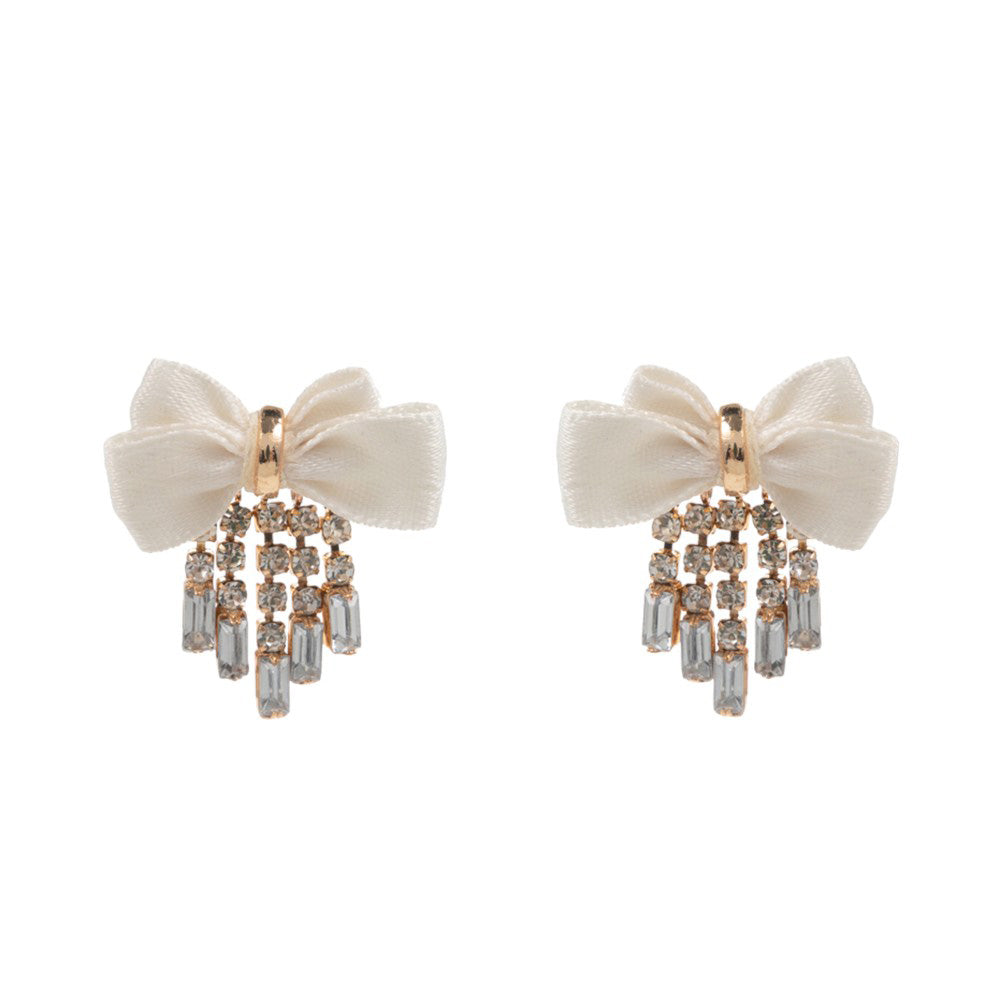 Ivory Rhinestone Fringe Bow Earrings, Add a touch of glamour to your outfit with these fringe rhinestone earrings. The sparkling rhinestones catch the light for a dazzling effect, while the elegant bow design adds a touch of femininity. Perfect for a special occasion or to elevate your everyday style.