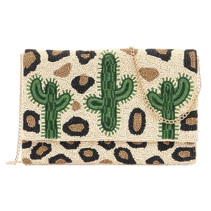 Ivory Seed Beaded Leopard Patterned Cactus Clutch Crossbody Bag, perfectly goes with any outfit and shows your trendy choice to make you stand out on your occasion. Ideal for keeping your phone, money, and other small essentials in one place. Perfect gifts for birthdays, Mother’s Day, holidays, or any meaningful occasion.