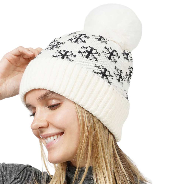 Ivory Snowflake Patterned Faux Fur Lining Knit Pom Pom Beanie Hat, wear this beautiful hat with any ensemble for the perfect finish before running out the door into the cool air. It's an excellent gift for your friends, family, or loved ones. This is the perfect gift for Christmas, especially for your friends and family.