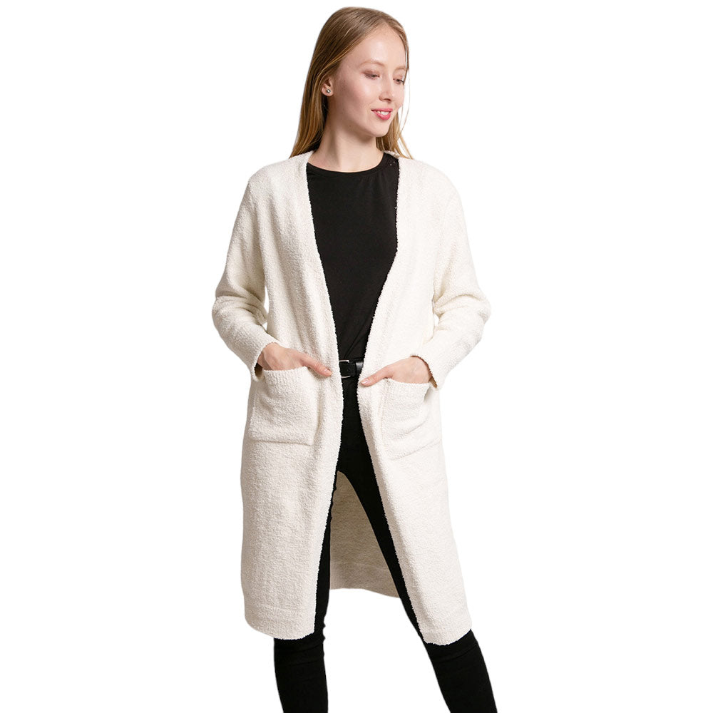 Ivory Solid Front Pockets Long Cardigan, delicate, warm, on-trend & fabulous, a luxe addition to any cold-weather ensemble. Great for daily wear in the cold winter to protect you against the infinity-style amps up the glamour with a plush. Perfect Gift for wife, mom, birthday, holiday, etc.