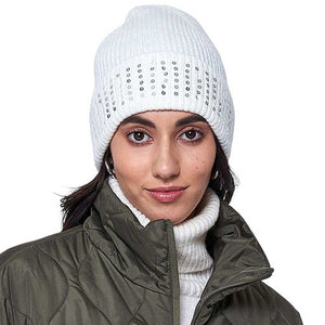 Ivory Solid Ribbed Sequin Cuff Beanie Hat, is perfect for staying warm and stylish in cold weather. Its ribbed knit construction and sequin cuff add structure and texture, while providing warmth and comfort. It is lightweight and easy to pack, making it an ideal accessory for any cold-weather excursion or an exquisite gift.