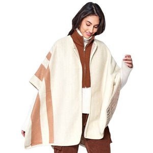 Ivory Striped Button Closure Cape Ruana Poncho, effortlessly combines style and function. Crafted with pure polyester, this poncho is designed with a bold striped pattern and a button closure, making it the perfect piece to transition from day to night. Versatile and stylish, this poncho will become a go-to in your wardrobe.