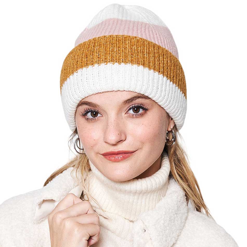 Ivory Striped Ribbed Beanie Hat, Stay warm and stylish this winter. Crafted from a blend of cotton, this hat features a ribbed knit design and striking stripes to make a bold statement while keeping your head cozy. The perfect accessory for all your cold-weather activities!
