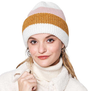 Ivory Striped Ribbed Beanie Hat, Stay warm and stylish this winter. Crafted from a blend of cotton, this hat features a ribbed knit design and striking stripes to make a bold statement while keeping your head cozy. The perfect accessory for all your cold-weather activities!