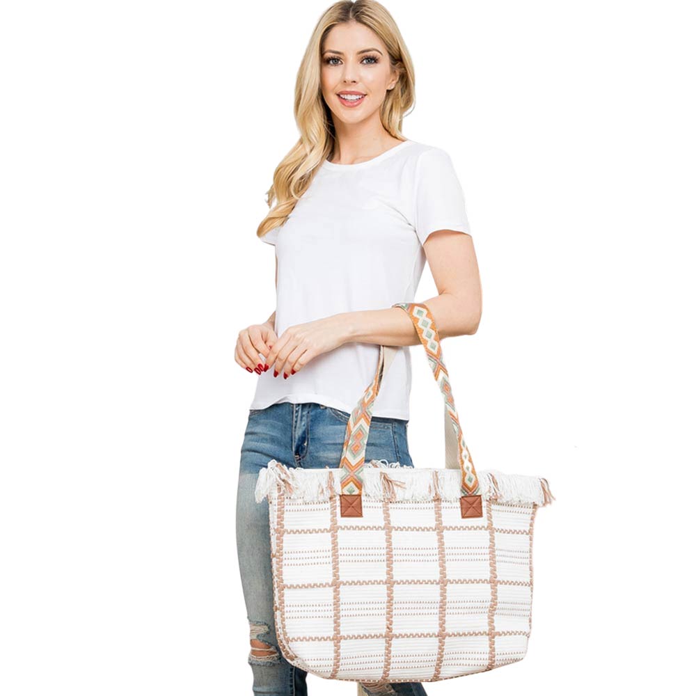 Ivory Top Fringe Pointed Check Patterned Tote Bag, this tote bag is versatile enough for carrying through the week. Simple and leisurely, elegant and fashionable, suitable for women of all ages to carry around all day. Perfect for traveling, beach, shopping, camping, dating, and other outdoor activities in daily life.