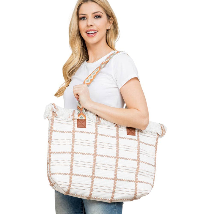 Ivory Top Fringe Pointed Check Patterned Tote Bag, this tote bag is versatile enough for carrying through the week. Simple and leisurely, elegant and fashionable, suitable for women of all ages to carry around all day. Perfect for traveling, beach, shopping, camping, dating, and other outdoor activities in daily life.