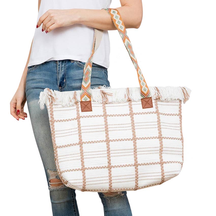 Ivory Top Fringe Pointed Check Patterned Tote Bag, this tote bag is versatile enough for carrying through the week. Simple and leisurely, elegant and fashionable, suitable for women of all ages to carry around all day. Perfect for traveling, beach, shopping, camping, dating, and other outdoor activities in daily life.