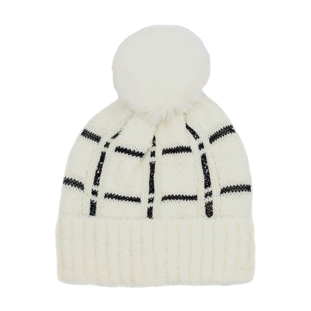 Ivory Trendy Plaid Check Patterned Pom Pom Beanie Hat, wear this beautiful beanie hat with any ensemble for the perfect finish before running out the door into the cool air. An awesome winter gift accessory and the perfect gift item for Birthdays, Christmas, Stocking stuffers, holidays, anniversaries, Valentine's Day, etc.