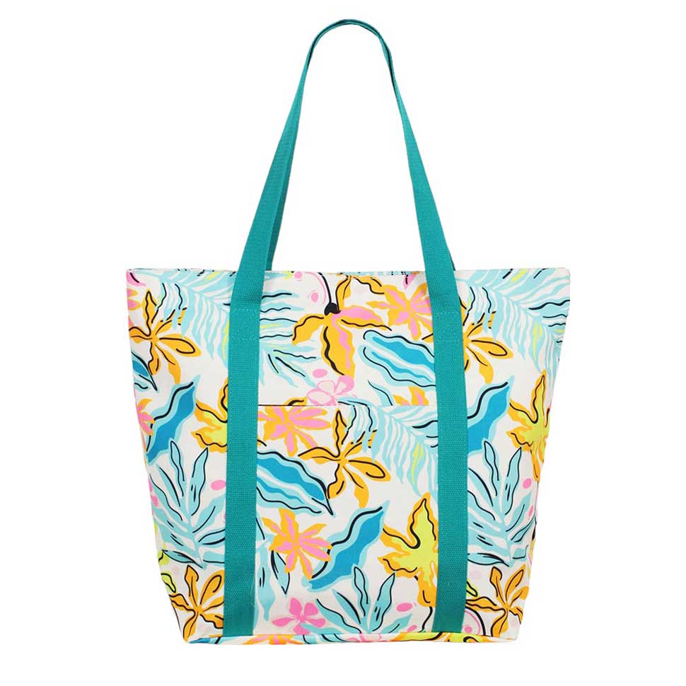Ivory Tropical Leaf Print Tote Bag, This stylish tote bag features a vibrant tropical leaf print, perfect for adding a touch of nature to your outfit. Made of durable material, it is great for carrying all your daily essentials while remaining lightweight. Bring a touch of the tropics wherever you go with this versatile tote