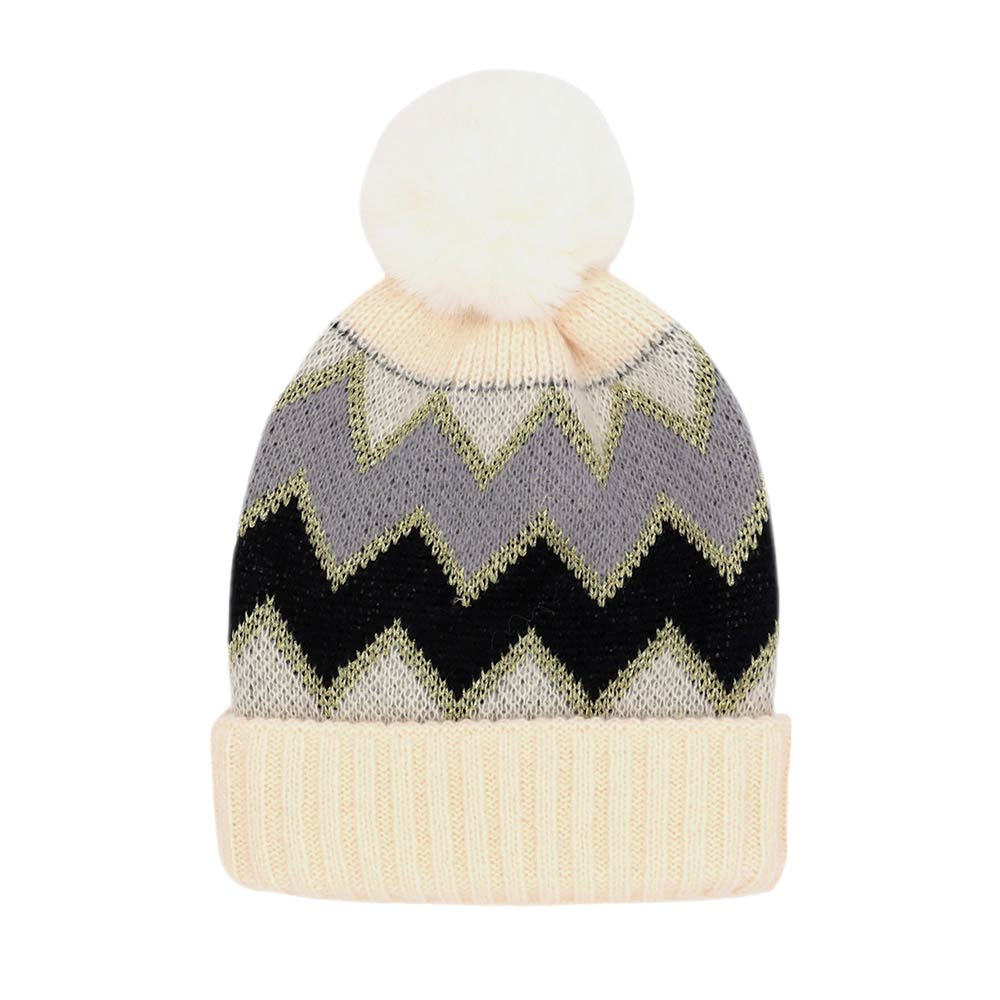 Ivory Zigzag Chevron Patterned Fuzzy Fleece Pom Pom Beanie Hat, wear this beautiful beanie hat with any ensemble for the perfect finish before running out the door into the cool air. An awesome winter gift accessory and the perfect gift item for Birthdays, Christmas, holidays, anniversaries, Valentine's Day, etc.