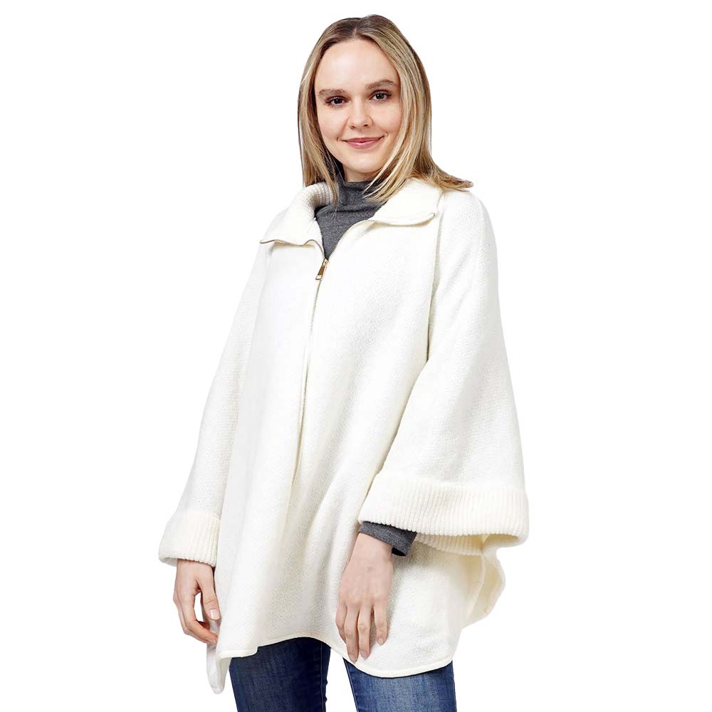 Ivory Zip Up Knit Cape Poncho, is delicate, warm, on-trend & fabulous, a luxe addition to any cold-weather ensemble. Great for daily wear in the cold winter to protect you against the chill, classic infinity-style zip-up poncho. Perfect Gift for wife, mom, birthday, holiday, etc.