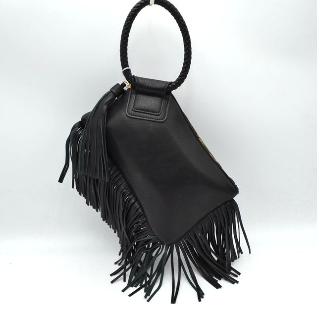 Fringe Accent Clutch Bag with Braided Circular Top Handle - Black - Clutch Bags