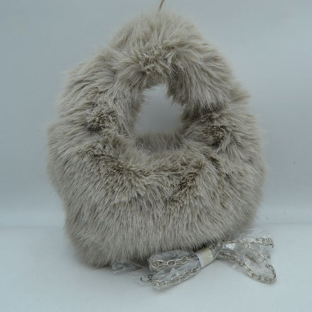 Fluffy Plush Handbag with Integrated Top Handle and Chain Strap - Stone - Handbags