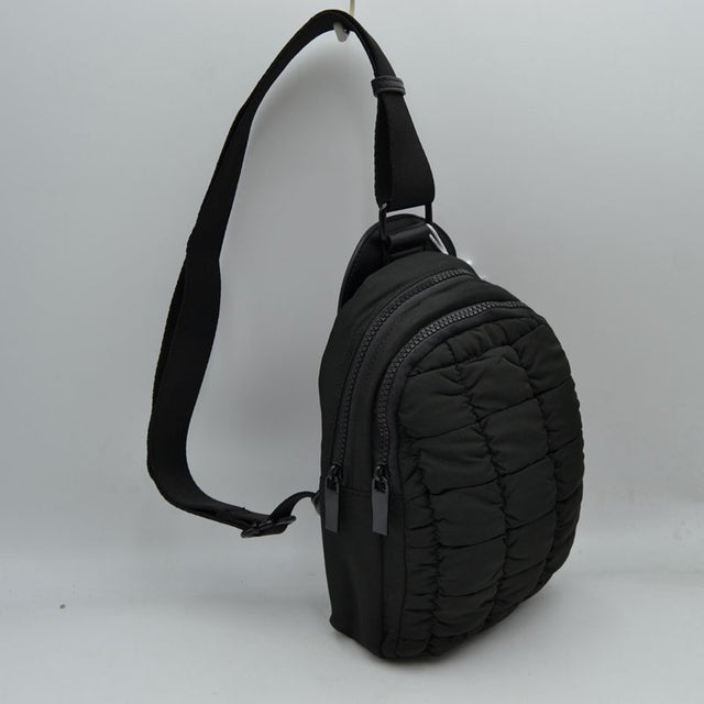 Ergonomic Puffer Sling Bag Multi-Zip Crossbody Backpack with Ruched Quilted Detail - Black - Backpacks