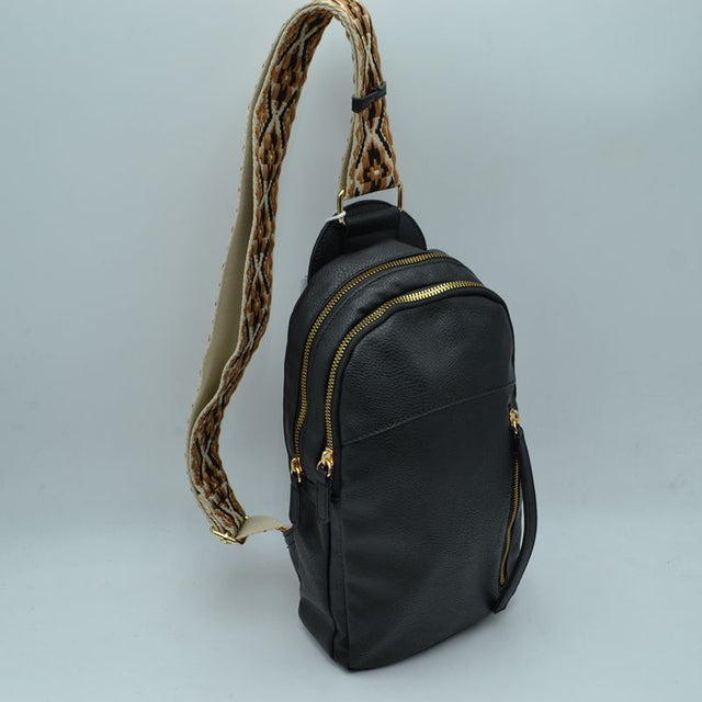 Multi-Zip Sling Backpack with Patterned Shoulder Strap - Black - Backpacks