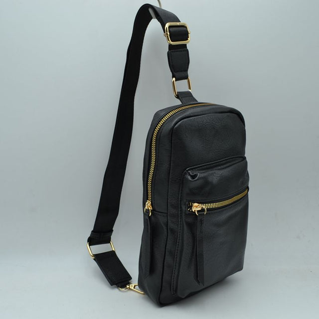 Grained Sling Bag with Metallic Zippers - Black - Sling Bag