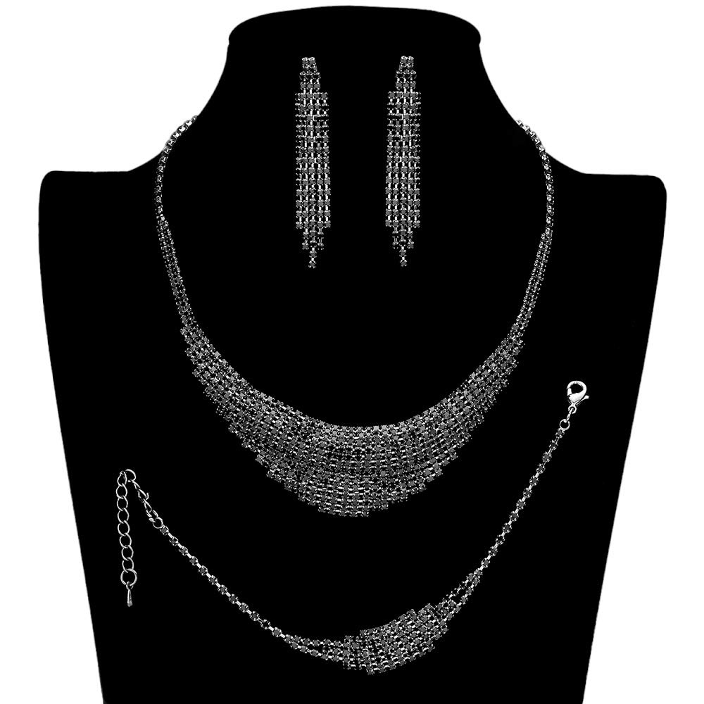 Jet Black 3PCS Rhinestone Pave Necklace Jewelry Set, This stunning Rhinestone  Set features beautifully crafted pieces adorned with sparkling rhinestones that add a sophisticated sparkle to any ensemble. Perfect for day or night wear, these pieces will help you stand out and express your style with confidence.