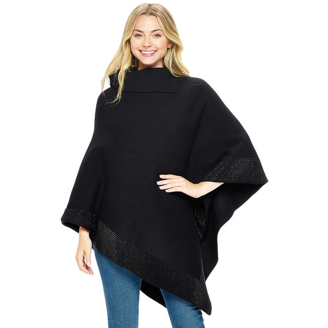 Jet Black Bling Border Solid Neck Poncho, with the latest trend in ladies' outfit cover-up! the high-quality knit neck poncho is soft, comfortable, and warm but lightweight. Stay protected from the chilly weather while taking your elegant looks to a whole new level with an eye-catching, luxurious casual outfit for women!
