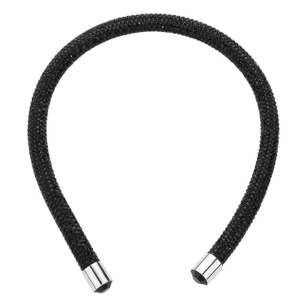 Jet Black Bling Headband. This stylish accessory is crafted with dazzling jewels and adds a touch of elegance to any outfit. Perfect for special occasions and everyday wear, the Bling Headband is sure to make a statement. Enhance your look with this must-have accessory.