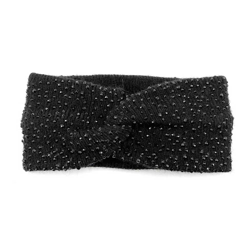 JEt Black Bling Knot Earmuff Headband, is designed to keep you warm and stylish. Crafted from a comfortable material blend, this headband is lightweight and offers superior insulation against cold temperatures. The eye-catching knot bling detail adds a touch of style to any winter outfit. Perfect winter gift idea.