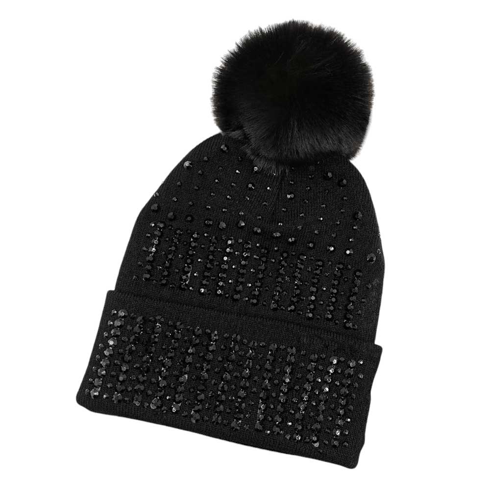 Jet Black Bling Pom Pom Beanie Hat, Look stylish this winter in this beanie ha. Features a beautifully sequined pattern and a luxurious faux fur pom-pom, designed to make a statement. It's perfect for any outdoor activity, keeping your head warm and fashionable. Perfect winter gift idea for fashion-loving ones.
