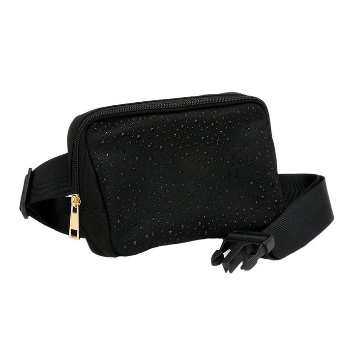 Jet Black Bling Sling Bag Fanny Bag Belt Bag, is both stylish and functional. With its adjustable shoulder strap, it is conveniently worn across the body for hands-free convenience and a secure fit. Its sleek design features bling detailing, making it perfect for everyday wear. A functional companion for outdoor activities.