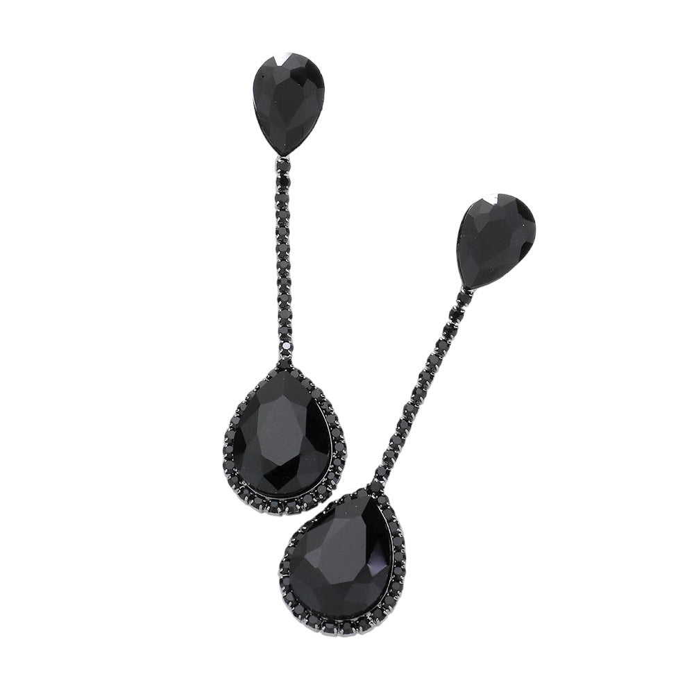 Jet Black Double Teardrop Dangle Evening Earrings, Look elegant and beautiful. Crafted with a unique teardrop design, these earrings will add grace and sophistication to any special occasion outfit. Perfect for Birthday Gift, Anniversary Gift, Graduation Gift, Prom Jewelry, Just Because Gift, Thank you Gift.
