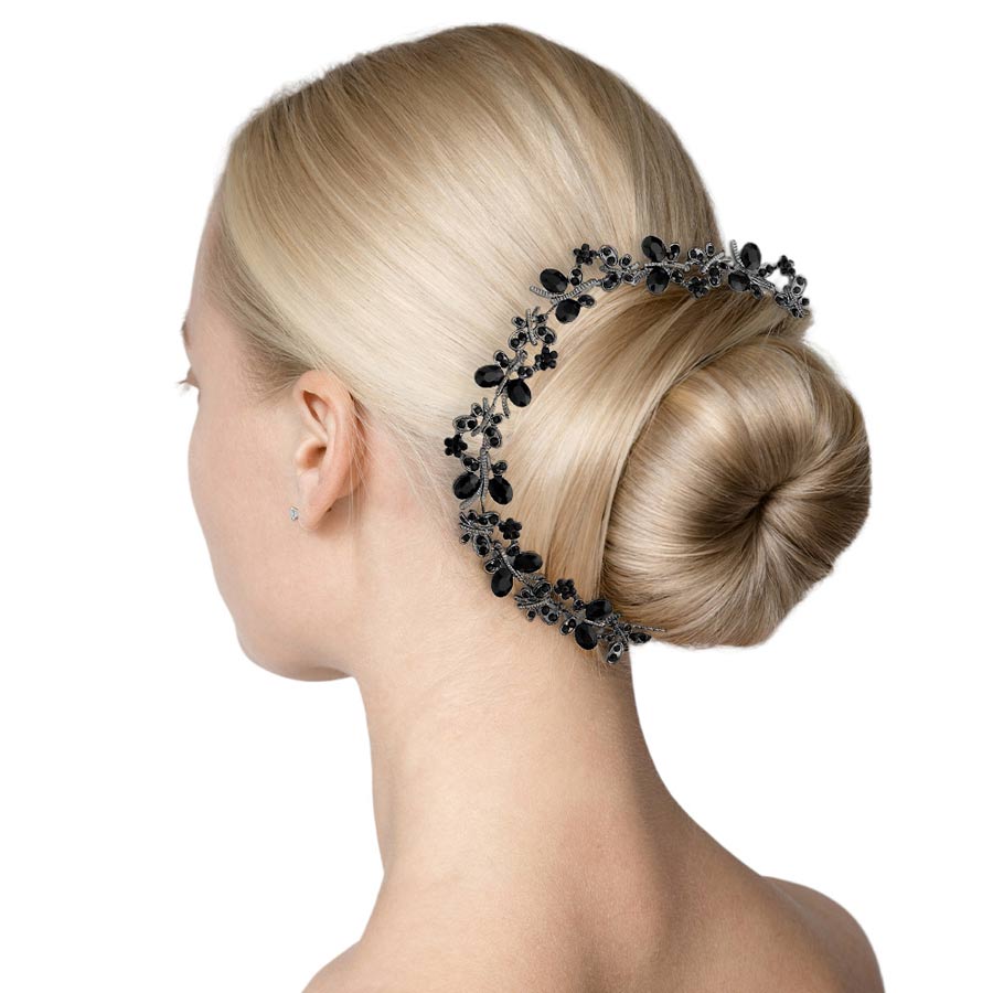 Jet Black Floral Oval Stone Accented Bun Wrap Headpiece, Elevate your special occasion or wedding hairstyle with this exquisite piece. With delicate floral motifs and shimmering oval stones, it's the perfect finishing touch for brides, or anyone looking to make a statement. Give the gift of timeless beauty with this headpiece.
