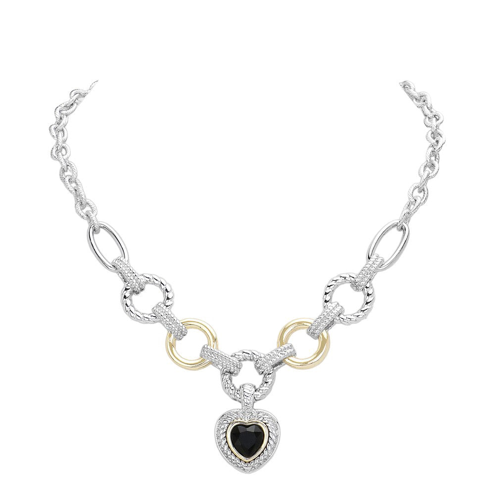 Jet Black Heart Stone Pointed Charm Two Tone Textured Metal Link Toggle Necklace, This elegant necklace features a unique two tone design and textured metal links. The toggle closure adds a touch of modernity to the classic charm, making it a versatile accessory for any occasion. A perfect jewelry gift accessory for loved one.