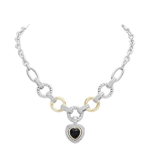 Jet Black Heart Stone Pointed Charm Two Tone Textured Metal Link Toggle Necklace, This elegant necklace features a unique two tone design and textured metal links. The toggle closure adds a touch of modernity to the classic charm, making it a versatile accessory for any occasion. A perfect jewelry gift accessory for loved one.