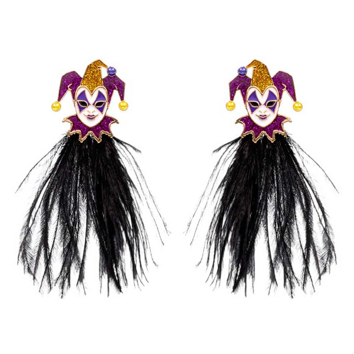 Jet Black Mardi Gras Glittered Jester Pierrot earrings, Add some festive fun. Crafted with lightweight colored feathers and glittered jester accents, they're the perfect way to show your Mardi Gras celebratory spirit. These petite earrings are designed with a secure hook closure, making them a comfortable and stylish accessory.