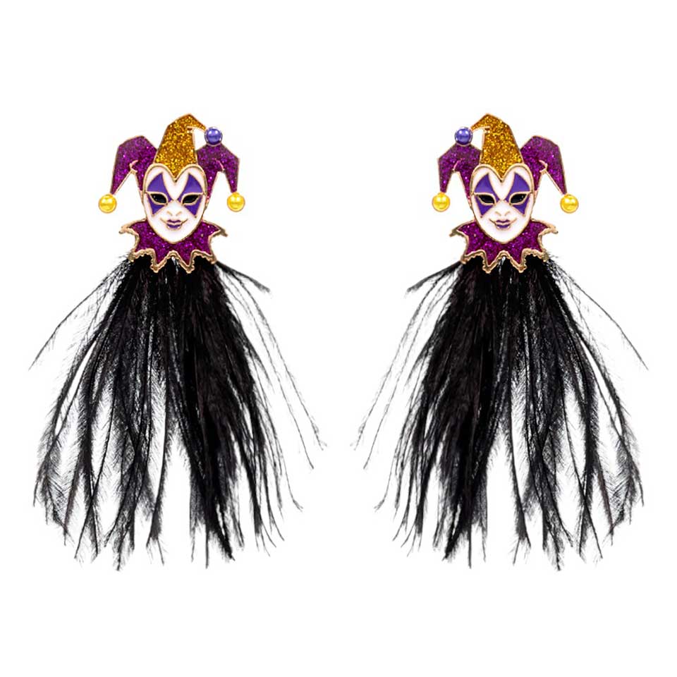 Jet Black Mardi Gras Glittered Jester Pierrot earrings, Add some festive fun. Crafted with lightweight colored feathers and glittered jester accents, they're the perfect way to show your Mardi Gras celebratory spirit. These petite earrings are designed with a secure hook closure, making them a comfortable and stylish accessory.