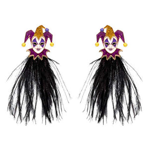 Jet Black Mardi Gras Glittered Jester Pierrot earrings, Add some festive fun. Crafted with lightweight colored feathers and glittered jester accents, they're the perfect way to show your Mardi Gras celebratory spirit. These petite earrings are designed with a secure hook closure, making them a comfortable and stylish accessory.