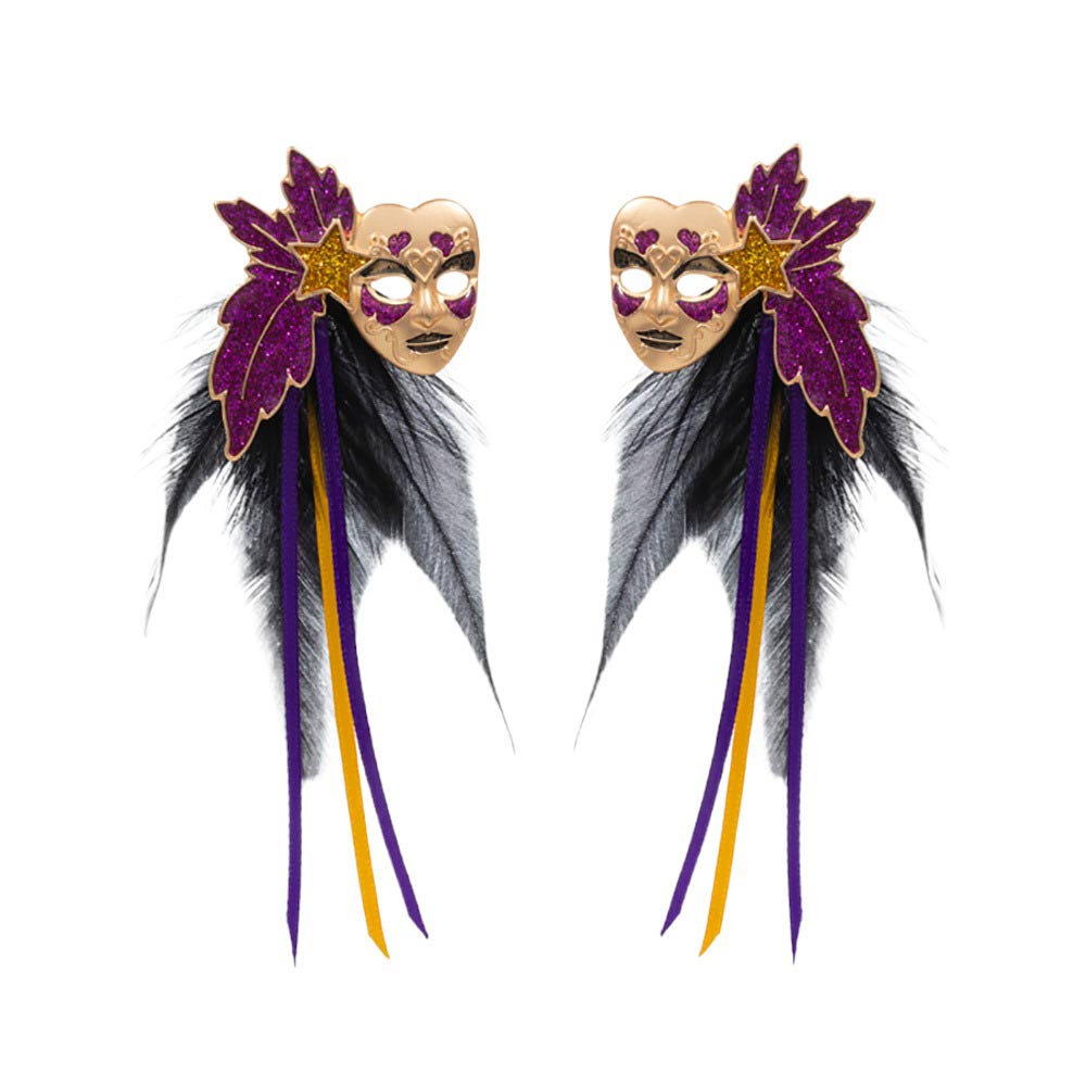Jet Black Mardi Gras Masquerade Mask Feather Earrings, offer a unique way to complete your masquerade party outfit. The earrings feature a detailed mask design with colorful feathers and provide a comfortable fit. Enjoy the luxurious look of a festive masquerade costume. Perfect for holiday gifts.