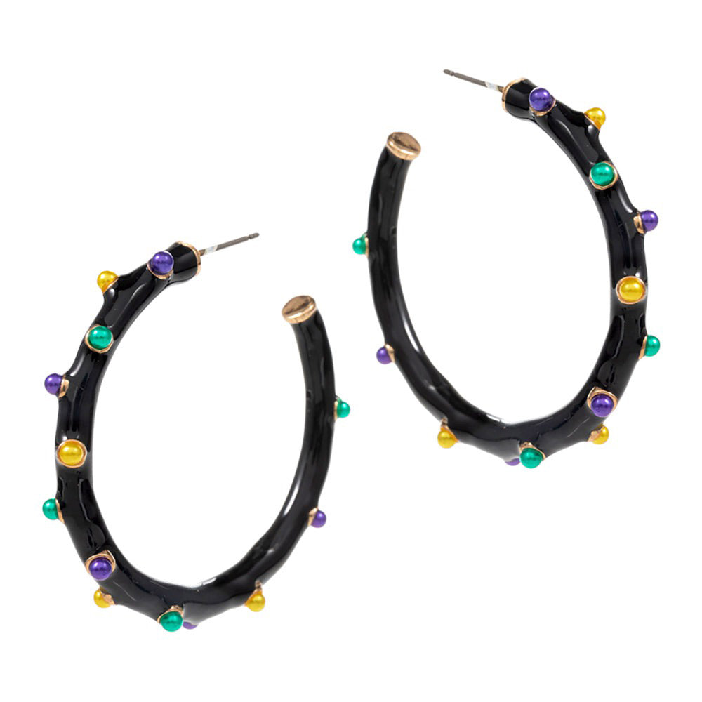 Jet Black Mardi Gras Pearl Embellished Hoop Earrings, enhance any look with these. Crafted with a combination of beads, metal hoops, and faux pearls, these earrings will dazzle any style. The faux pearls add a unique shine to any ensemble, perfect for Mardi Gras parties, night outings, or to give a festive gift to loved ones.